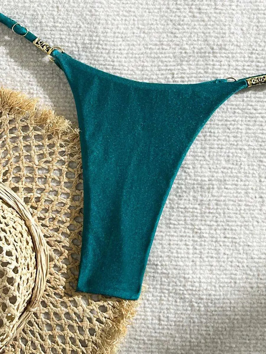 LIZAKOSHT  -  Solid Color Metal Decorative Bikini Sexy Halter Neck Tie Backless Swimsuit