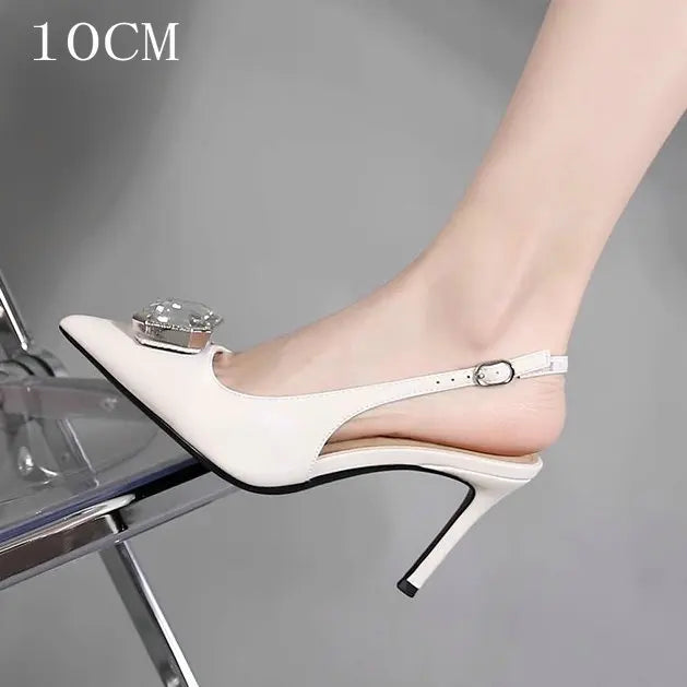 LIZAKOSHT  -  Summer New High-Heeled Shoes Pointy Square Buckle Crystal Shallow Mouth Thin Heels Elegant Sandals For Woman
