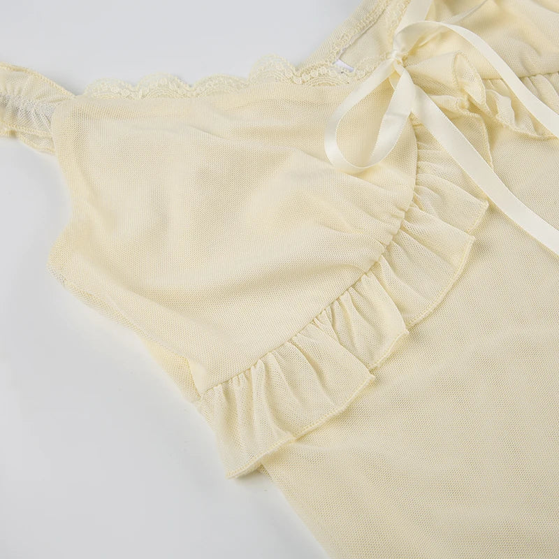 LIZAKOSHT  -  Women Boho Chic Ruffled Lace V-neck Tank Top Bow Tied Sleeveless Light Yellow Sexy Crop Tops Summer Holiday Camisole