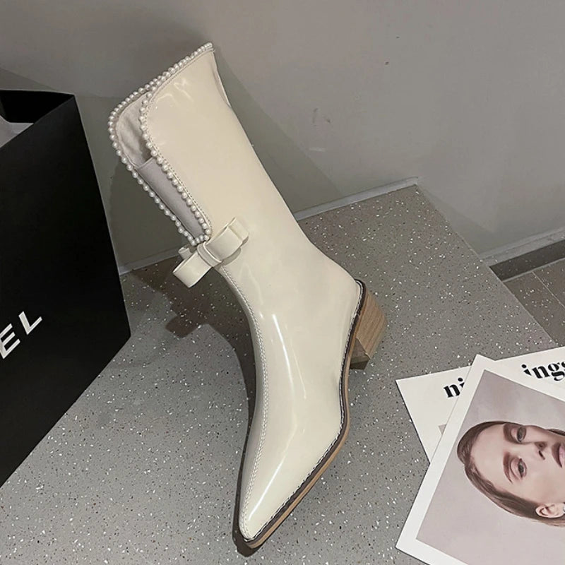 LIZAKOSHT  -  Autumn Women Designer Bowknot Front Opening Mid-calf Boots Fashion Pointed Toe Ladies Short Boot Square Low Heel Casual Boots