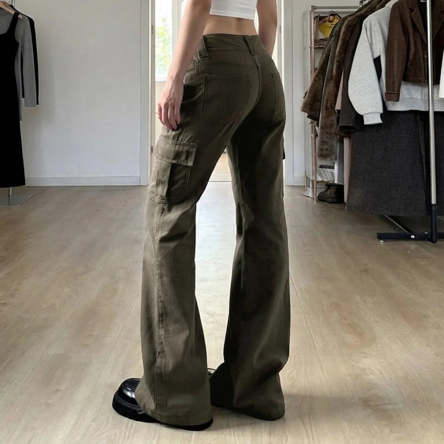 LIZAKOSHT  -  Vintage Low Rise Cargo Flare Pants Multi Pocket Streetwear Trousers