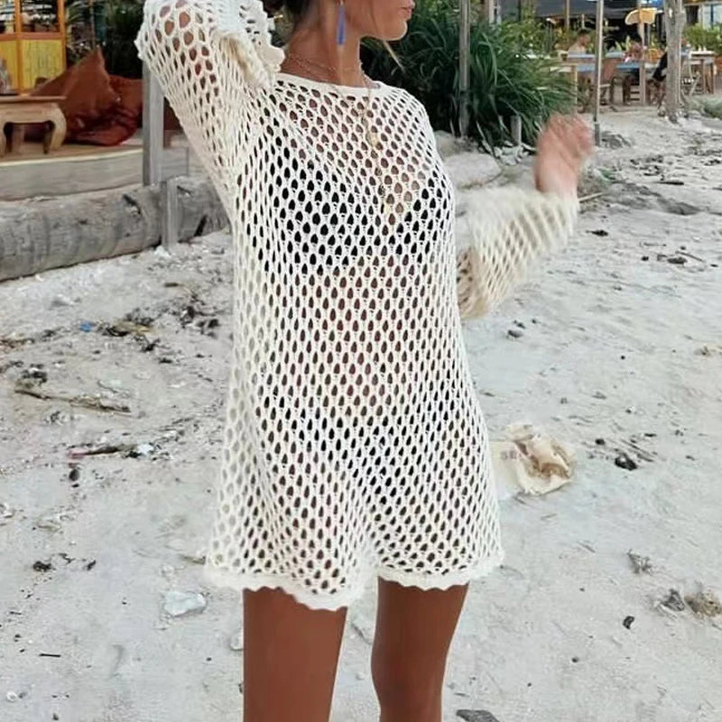 LIZAKOSHT  -  Seaside Hollow Out One Piece Vacation Covers Summer Solid knitted  Fish Mesh Pullover Tops 2025 Long Sleeve White Full Dresses
