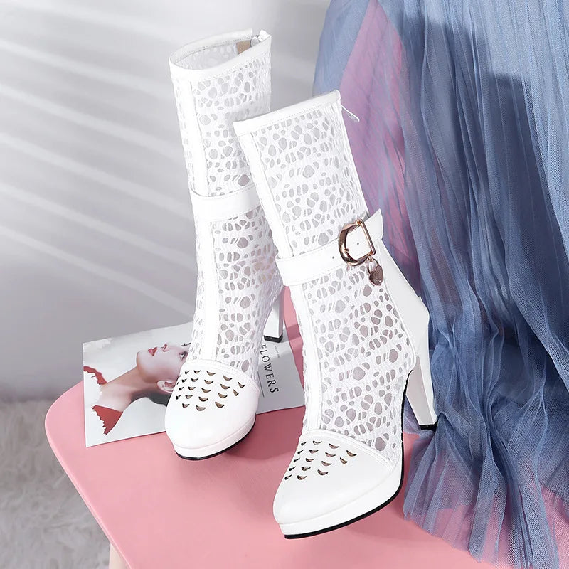 LIZAKOSHT  -  new summer women sandals plus size 22-28cm Microfiber+lace buckle women's shoes high heel fashion Sexy Mesh Boots