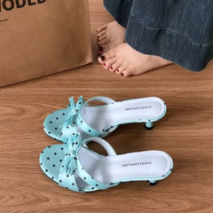 LIZAKOSHT  -  Street Style Satin Butterfly-knot Women Slippers Fashion Polka Dot Thick Heels Party Dress Slide Ladies Summer Polka Dot Shoes