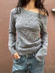 LIZAKOSHT  -  Twist Flower Slim Sweaters Woman Autum Slash Neck Long Sleeve Knitted Pullover Top Female Vintage Streetwear Jumper Y2k Tops