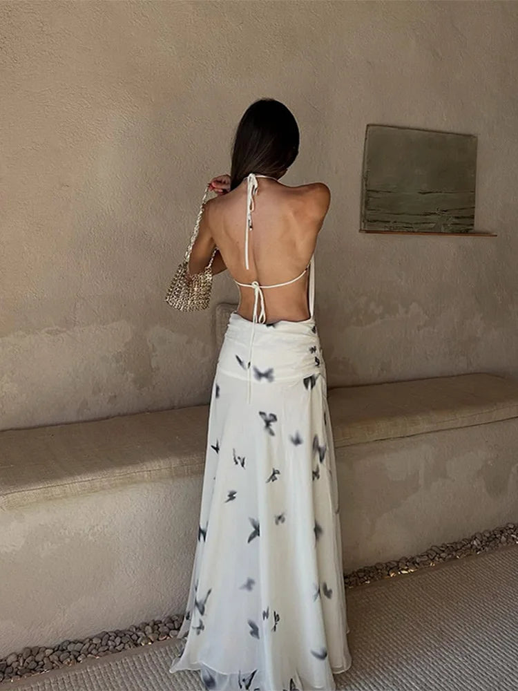LIZAKOSHT  -  Sexy Printed Halter Long Dresses Women Fashion Sleeveless Backless High Waist Slim Maxi Dress 2025 Lady Summer Chic Casual Robes