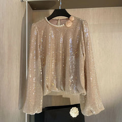 LIZAKOSHT  -  Elegant O-neck Long Sleeve Pink Bloues Spring Autumn New Loose Shirts Women Fashion All-match 3D Pearl Blusas Mujer