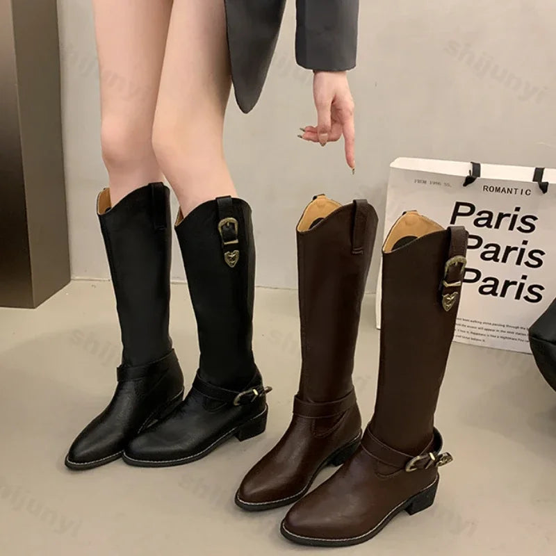 LIZAKOSHT  -  Women Mid Heels Knee High Chelsea Long Boots Fashion Metal Buckle Platform Motorcycle Boots Designer Pointed High Knight Boots