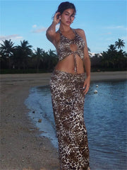 LIZAKOSHT  -  Summer Leopard Print 2 Two Piece Sets Beach Outfits Women 2024 Sexy Halter Bandage Backless Crop Top And Long Skirt Sets