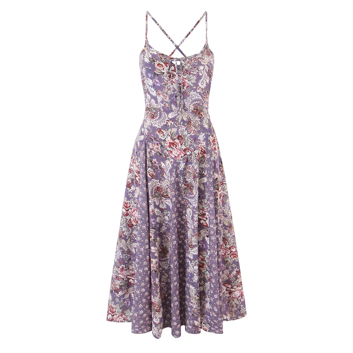 LIZAKOSHT  -  Holiday Purple Paisley Floral Print Sling Dress Women Bow O neck Cross bandage Back Zipper Low Waist Swing Dresses Vestidos Robe