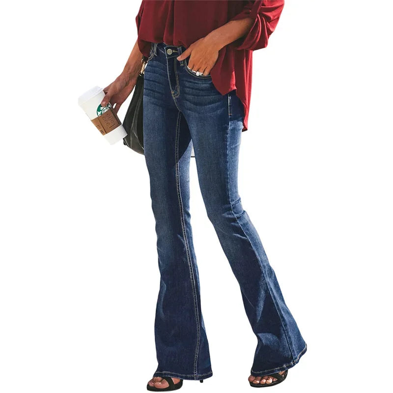 LIZAKOSHT  -  Elegant Mid Waist Flared Jeans Women's Broken Holes Wide Leg Denim Pants Female Solid Color Commuter Casual Trousers Streetwear
