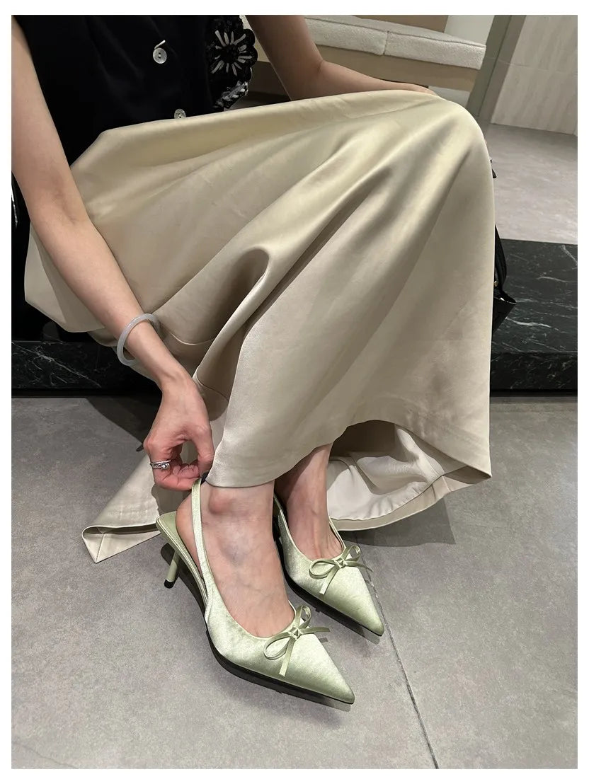 LIZAKOSHT  -  Women Thin Heels Slingback Sandals Elegant Pointed Toe Pumps New Brand Designer Bow Knot Party Dress Wedding Shoes Footwear