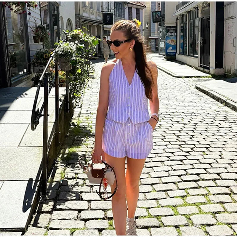 LIZAKOSHT  -  Striped Women's Two Piece Suit Halter Lace Up Sleeveless V-neck Single Breasted Top Short Pants 2025 Summer Lady Causal Outfits