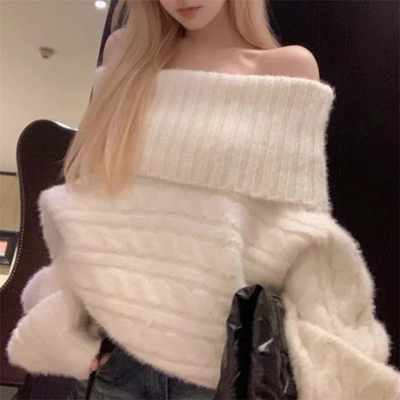 LIZAKOSHT  -  Off Shoulder Solid Color Sweater Women Tops Autumn and Winter New Slouchy Style Thickened Loose Knitted Pullover Women Clothing