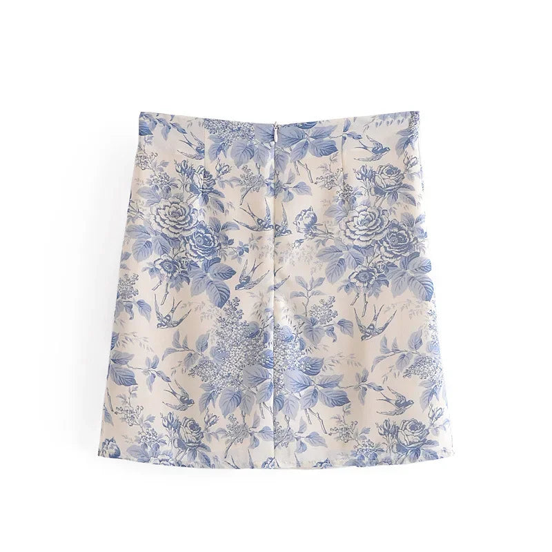 LIZAKOSHT  -  High Waist Chiffon Harajuku Back Zipper Female Mini Skirts Summer 2024 Blue Floral Print Women A-Line Skirts Streetwear Elegant