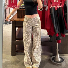 LIZAKOSHT  -  Spicy Girl Leopard Print Low Waist Jeans with A Feminine Spring Design, Loose and Wide Leg Pants