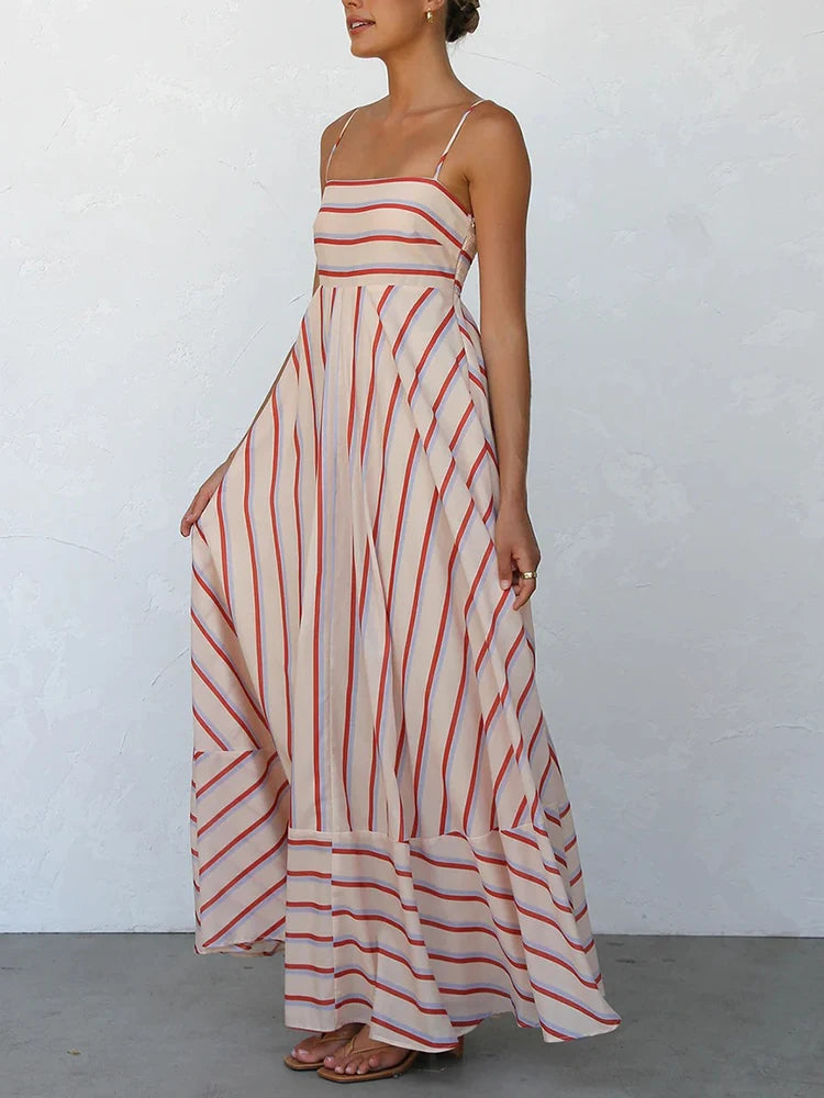 LIZAKOSHT  -  Elegant Sleeveless Off Shoulder Pleat Party Dress Summer New Lady High Waist Swing Maxi Dress Casual Stripe Printed Halter Dress