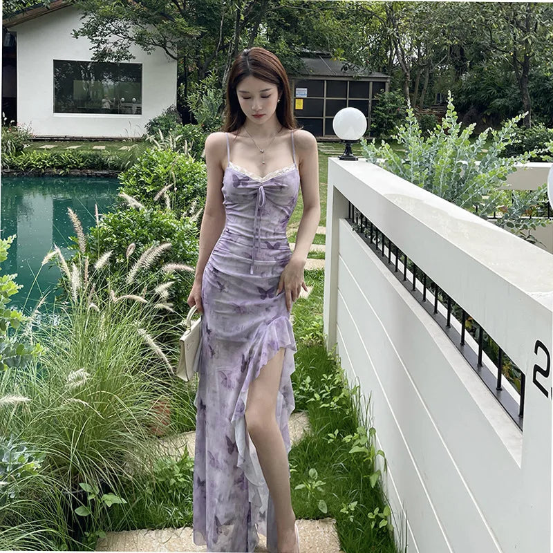 LIZAKOSHT  -  Printed Camisole Dress for Women Resort-style Butterfly Print Dress with Ruffled Hem
