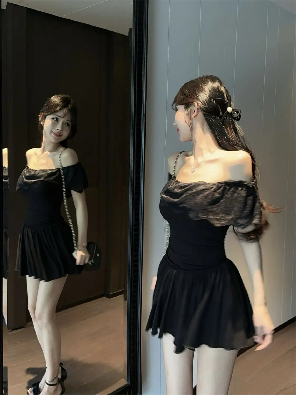 LIZAKOSHT  -  Pure Lustrous Ruffled Off-shoulder Lace Spliced pleated Waist-hugging Design Sweet Princess Dress