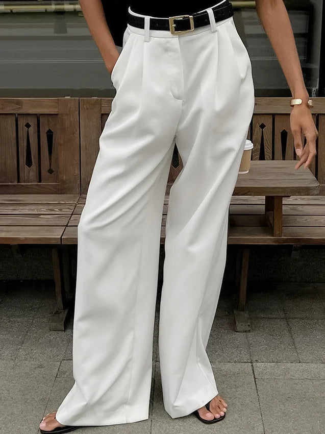 LIZAKOSHT  -  White Wide Leg Pants Women's Slimming Loose Casual Trousers High Waist Comfortable Polyester Fiber Commute Sle Daily Wear
