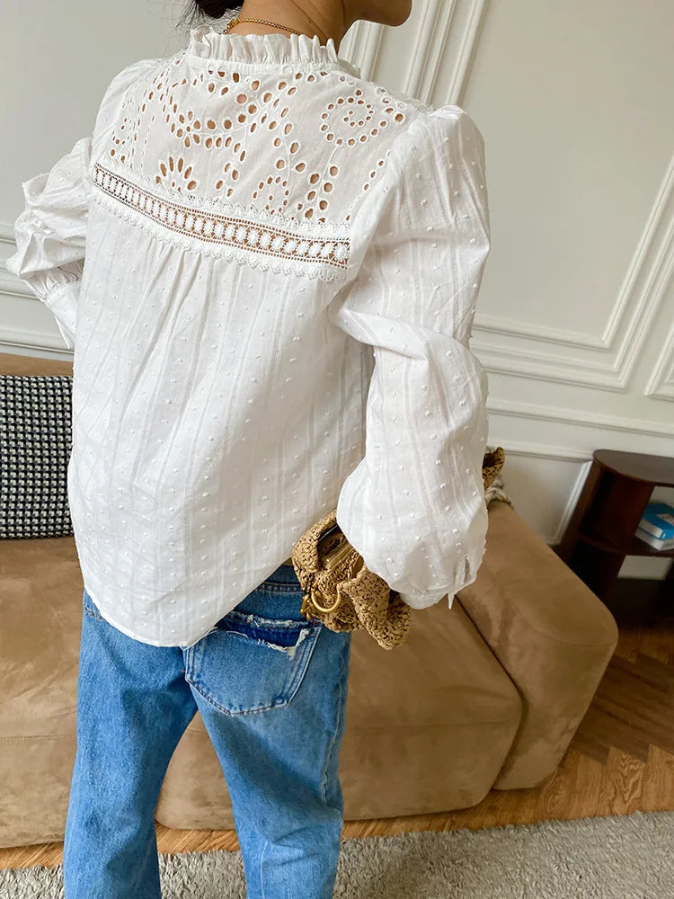 LIZAKOSHT  -  Ruffles Long Sleeve Ladies Tops White Blouses shirts Women Floral Embroidey Lace 100% Cotton Boho Casual Spring Summer Blouse