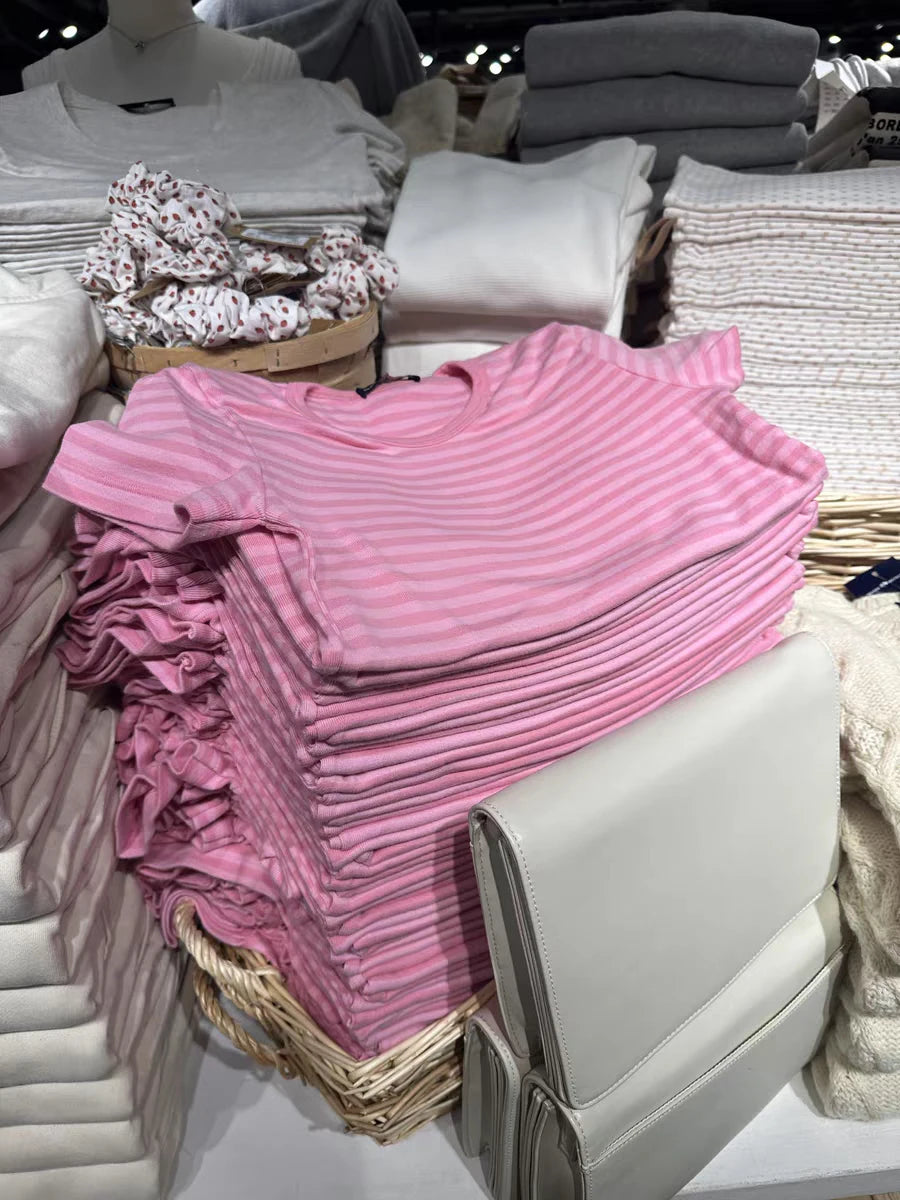 LIZAKOSHT  -  Pink Striped Slim T-shirts Woman Summer Round Neck Short Sleeve Tee Shirts Female Sweet Cute Preppy Style Cotton Tshirt Y2k Tops