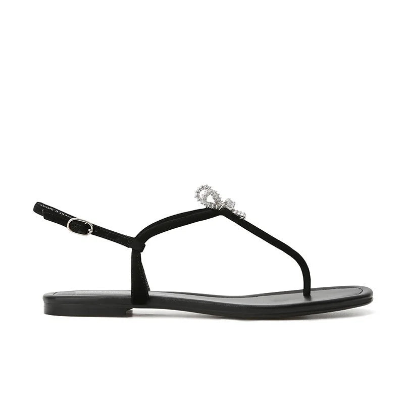 LIZAKOSHT  -  Women Concise Elegant Leisure Bow Crystal Sandals Round Toe Flat Heels Med Heels Leather Sandals Back Strap Black Shoes