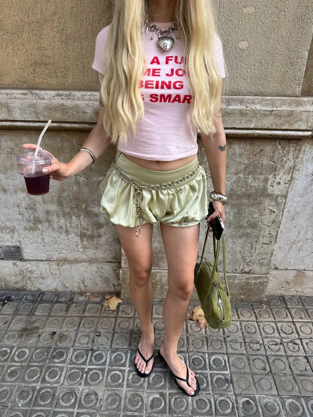 LIZAKOSHT  -  Lady Chic Satin Bubble Shorts Women Light Green Chain Trim High-waist Casual Street Vacation Bottoms Summer Outing Pants