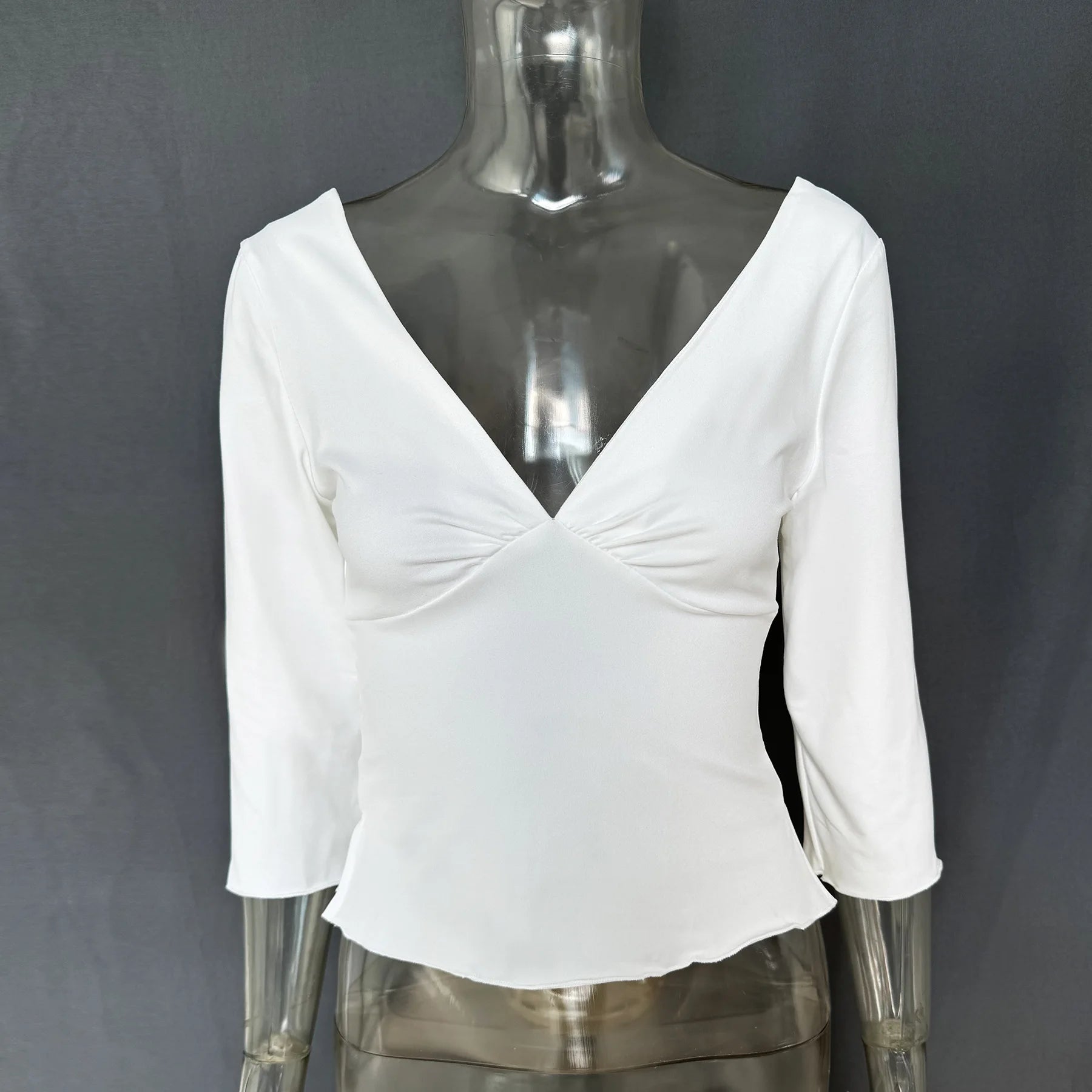 LIZAKOSHT  -  Summer Solid Slim Long Sleeve Women's Tops Sexy Deep V-neck Ruched Backless Crop Tops T-shirts Y2k Top Female Chic Tanks