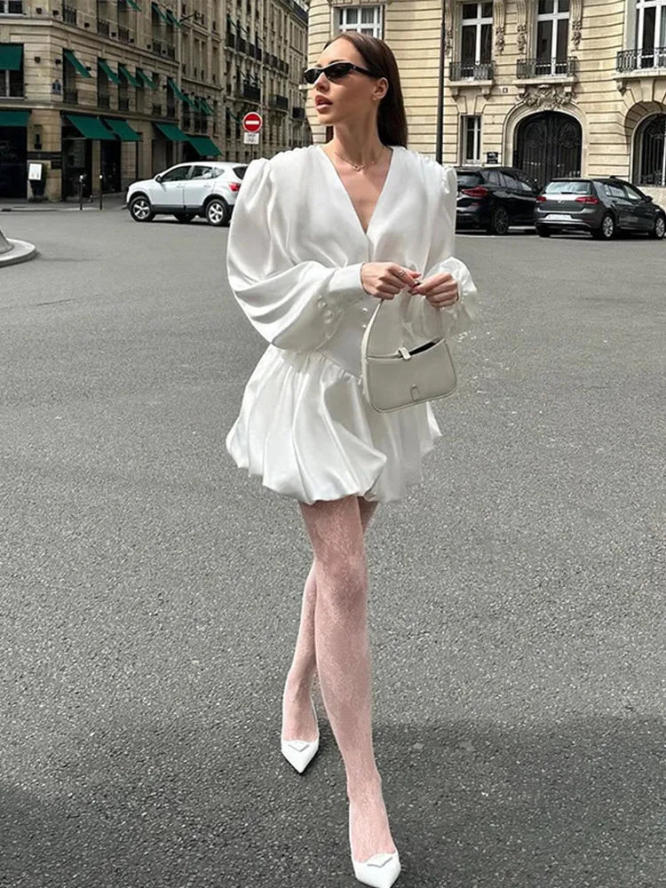 LIZAKOSHT  -  Solid Satin Women Mini Dresses Elegant V Neck Long Lantern Sleeve High Waist Female Short Dress Autumn New Fashion Lady Vestidos
