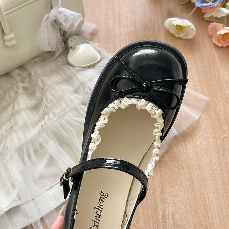 LIZAKOSHT  -  Cute Polka Dot Thick Heel Women Mary Jane Shoes Comfort Shallow Strap Pumps Ladies Eelgant Butterfly-knot Dress Single Shoes