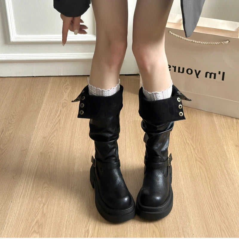 LIZAKOSHT  -  Autumn Winter Platform Thick Bottom Woman Knee High Boots Shoes Ladies Elegant Belt Buckle Knight Booties