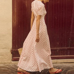 LIZAKOSHT  -  French Style Seaside Vacation Long Dress Elegant Polka Dot Print V-neck Evening Dress Casual Short Sleeve High Waist Swing Dress