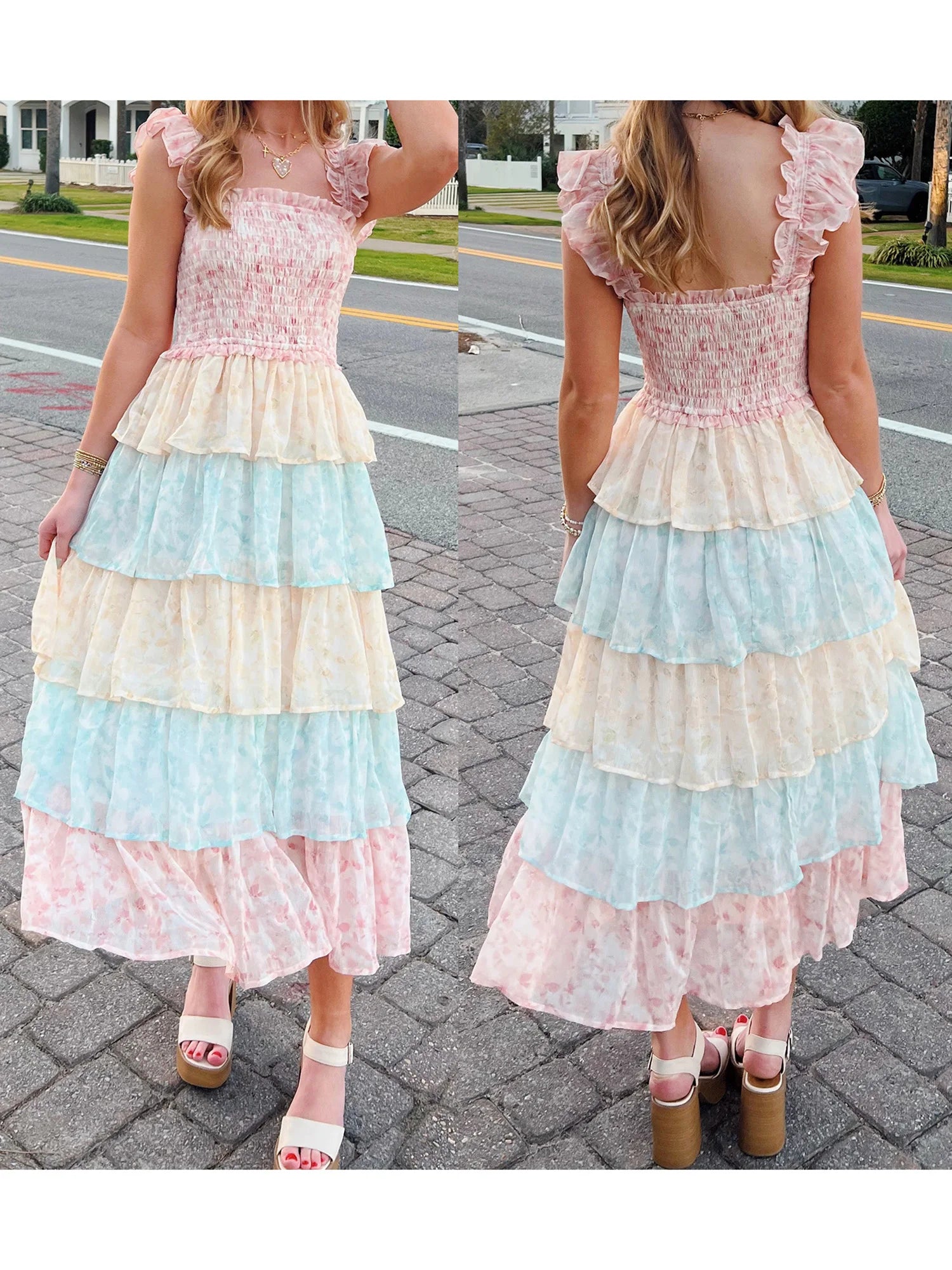 LIZAKOSHT  -  Women s Elegant Floral Print Chiffon Maxi Dress with Spaghetti Straps and A-Line Silhouette for Summer Beach Wedding Party