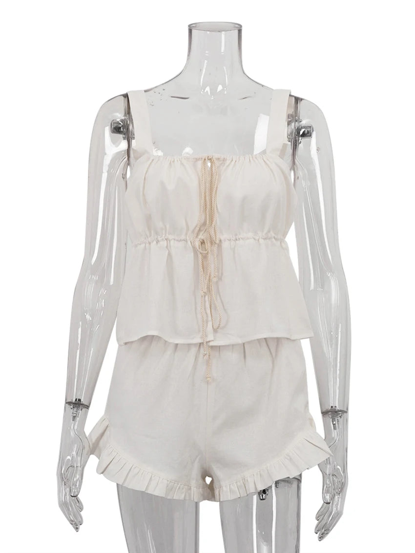 LIZAKOSHT  -  White Summer Ladies Sleepwear Suit Strap Pajamas Square Collar Nightie Lace Up Nightgowns Shorts Casual Nightwear Set