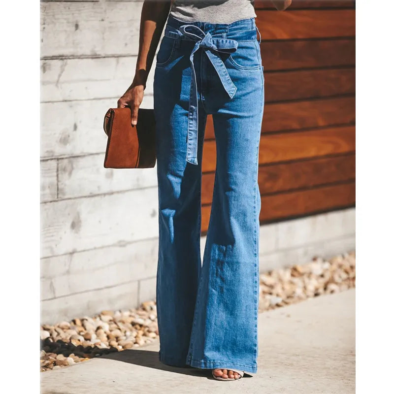 LIZAKOSHT  -  Blue Tie Waist Flare Jeans Women Slim Denim Trousers Vintage Clothes spring High  Pants Belted Stretchy Wide Leg