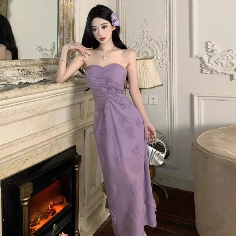 LIZAKOSHT  -  Woman Dress Sweet Sexy Strapless Flowers Slim Backless Vintage Elegant Summer Fashion Party Female Dresses Casual