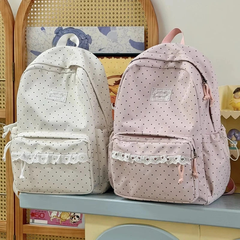 LIZAKOSHT  -  Fashion Polka Dot Travel Backpack Large Capacity Nylon Student Schoolbag Multi-pocket with Lace Laptop Daypack Daily Travel Bag