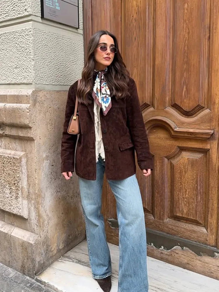 LIZAKOSHT  -  Suede Leather Suit Jacket Coat Vintage Brown Women Cardigan Commuting Fashion Single Breasted Lapel Loose Casual Classic Outwear