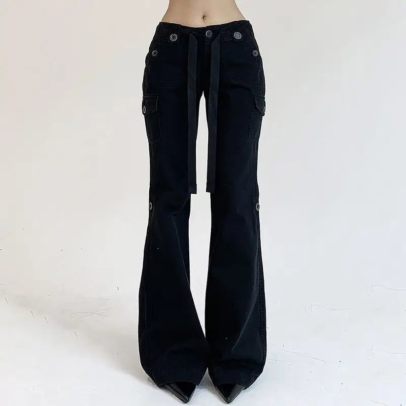LIZAKOSHT  -  Flare Jeans Button Ribbon Low Rise Brown For Women Streetwear Y2K Aesthetic Cargo Jean Pants Vintage Denim Trousers