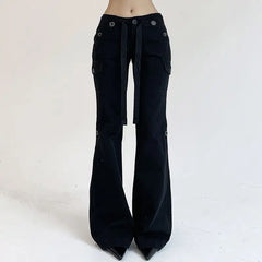 LIZAKOSHT  -  Flare Jeans Button Ribbon Low Rise Brown For Women Streetwear Y2K Aesthetic Cargo Jean Pants Vintage Denim Trousers
