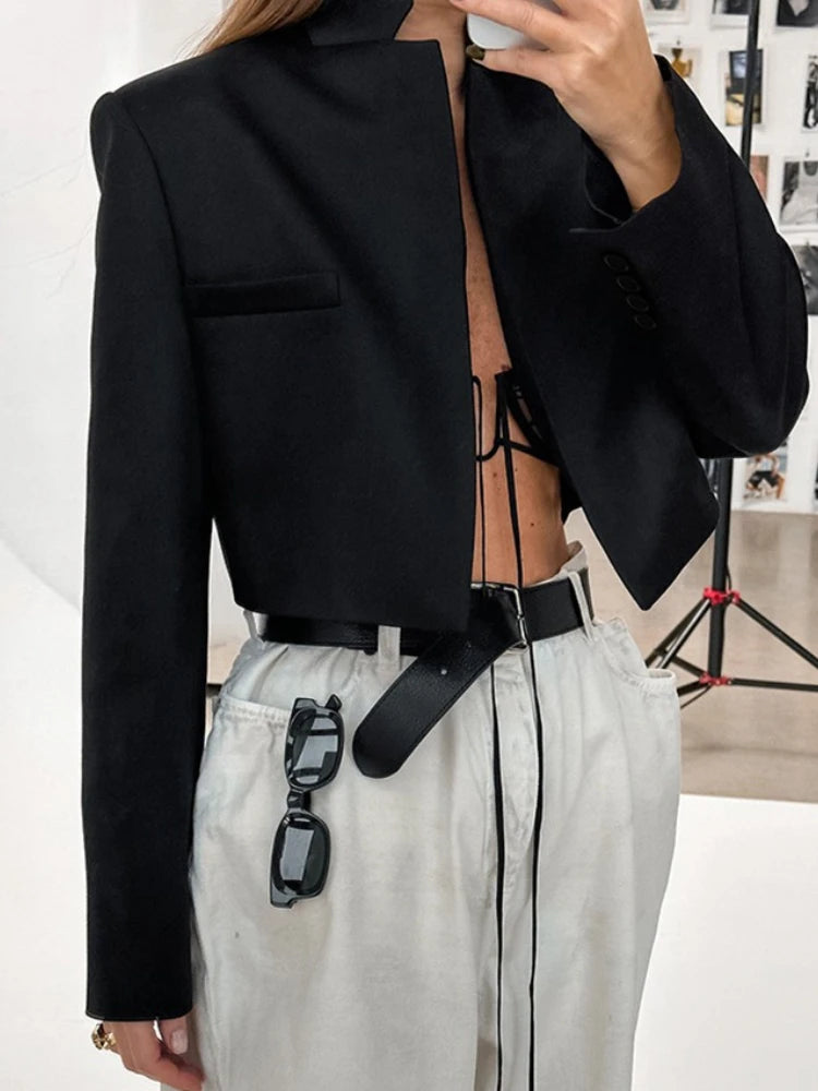 LIZAKOSHT  -  Woman Clothing Solid Black Short Blazers 2025 Autumn Office Lady Long Sleeve Cropped Tops Female Slim Outerwears Coats