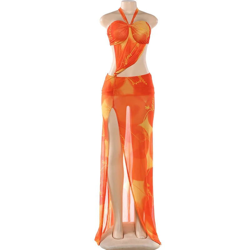 LIZAKOSHT  -  Summer sexy camisole sleeveless hollow long skirt beach party fashionable slim fit dress printed backless women's evening dress