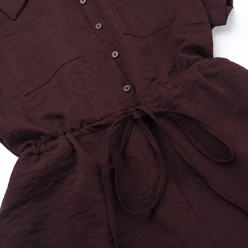 LIZAKOSHT  -  Shirt-Collar Romper Solid Tie-Waist Shorts Jumpsuit with Pockets Casual Sleeveless One Piece Outfit Office Romper