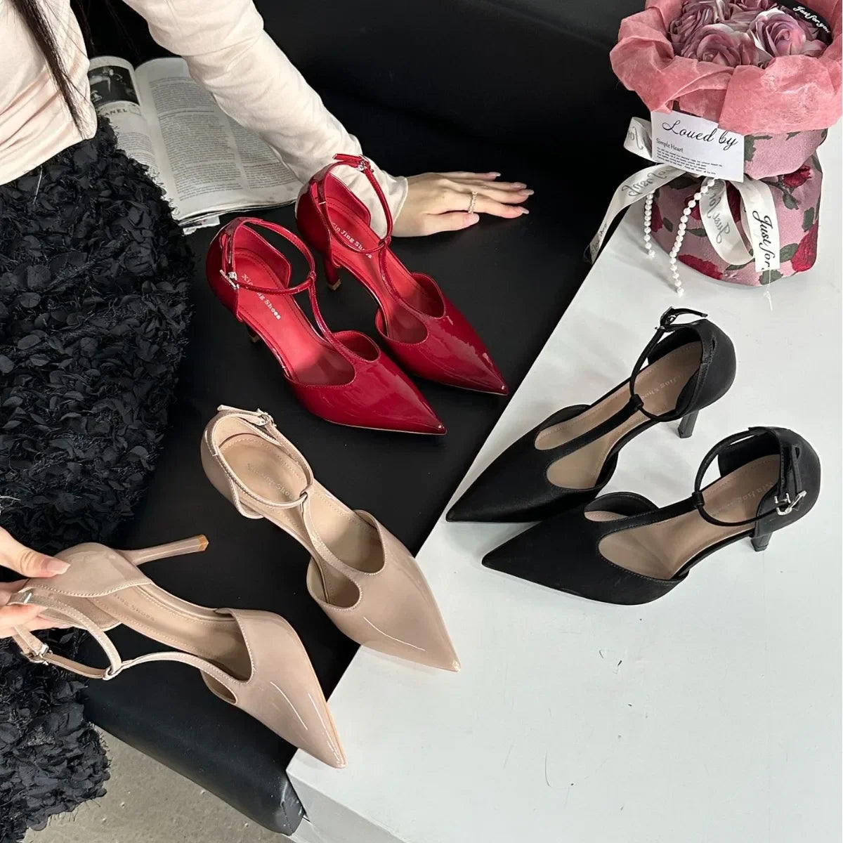 LIZAKOSHT  -  Sexy Red High Heels Women Pointed Toe Party Dress Shoes T-Strap Patent Leather Elegant Slingback Thin Heels Female Sandals Women