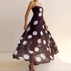 LIZAKOSHT  -  Retro Polka Dot Maxi Dress Elegant Lady Spaghetti Strap Flowy Dresses for Women Summer Vacation Brunch Outfits