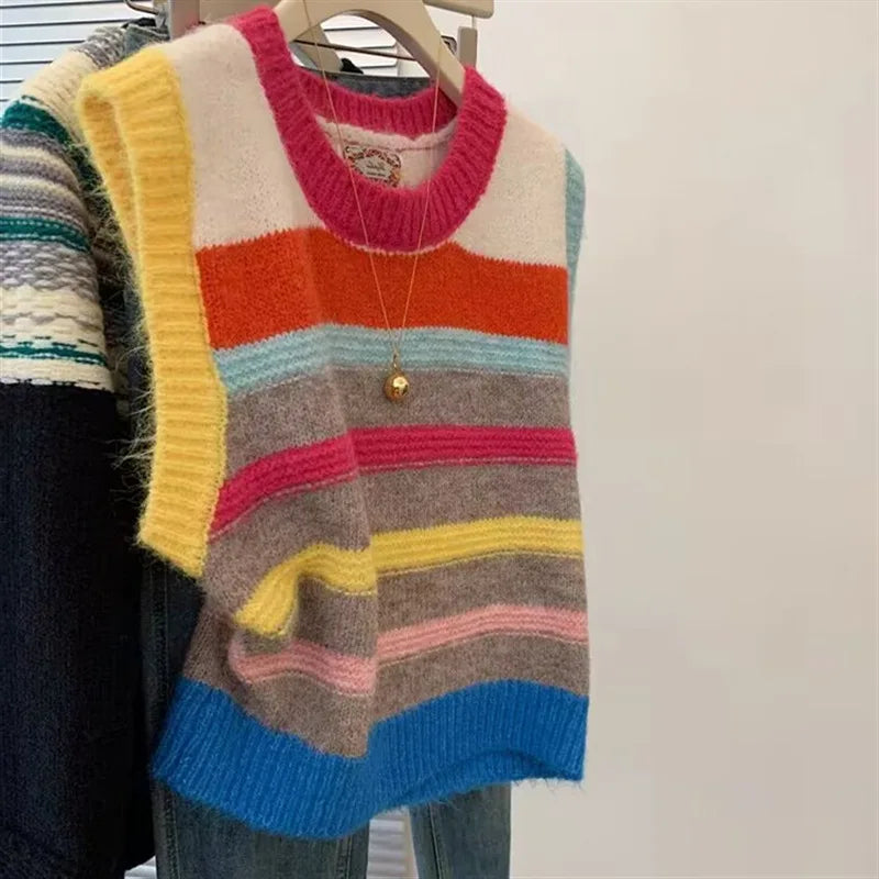 LIZAKOSHT  -  Women Knit Sweater Vests 2025 New Colorful Stripes Sleeveless O-neck Tops Knitwear Fashion Loose Casual Ladies Chic Jumpers
