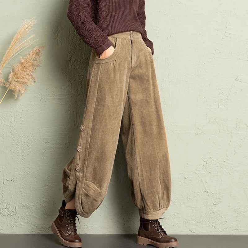 LIZAKOSHT  -  Korean Corduroy Women Pants Fall Winter Plush Warm Loose Casual Harem Trousers Retro High Waist Button Streetwear Wide Leg Pants
