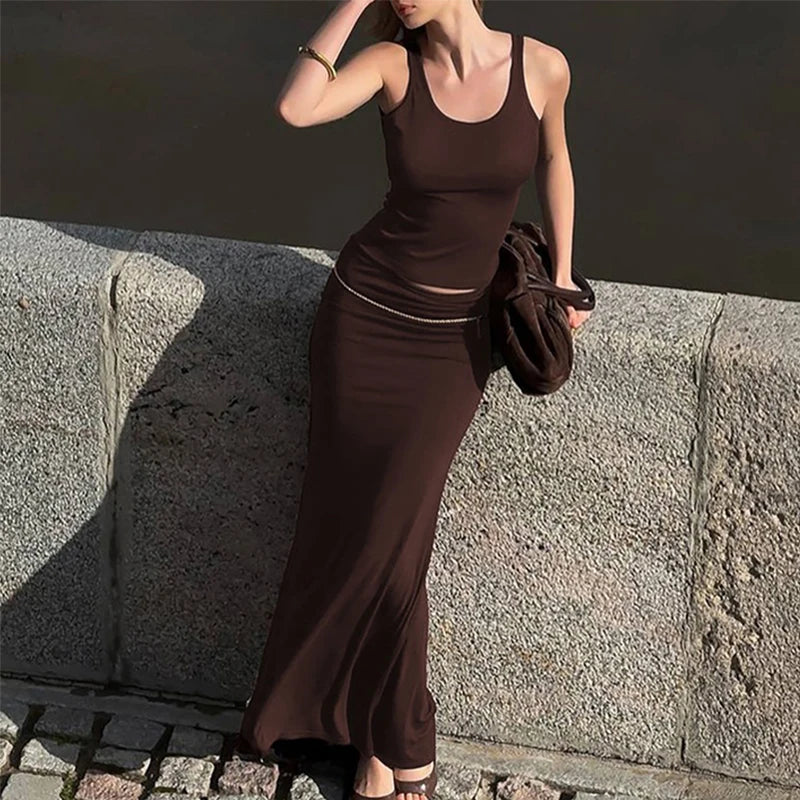 LIZAKOSHT  -  Simple Sexy Solid Color U Neck Camisole Tank Tops+Tight Ruched Long Half Skirts Women Fashion Street Style Two-piece Outfit