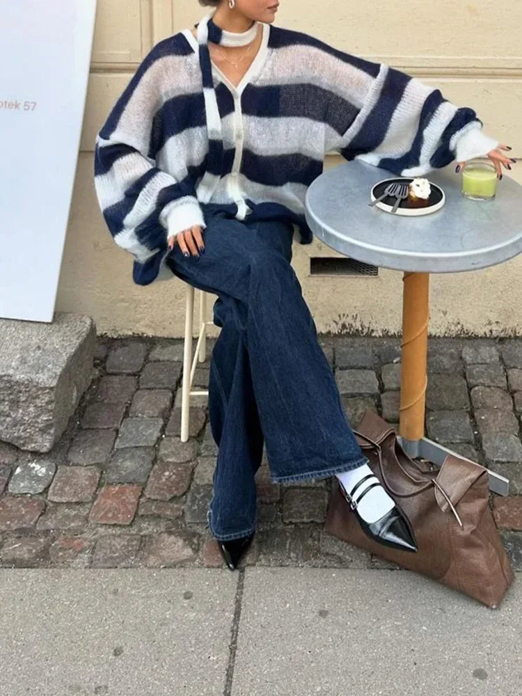 LIZAKOSHT  -  Vintage Contrast Striped Women Knit Cardigan Scarf Casual New Lady Fashion V Neck Lantern Sleeved Sweater Coat Cardigan